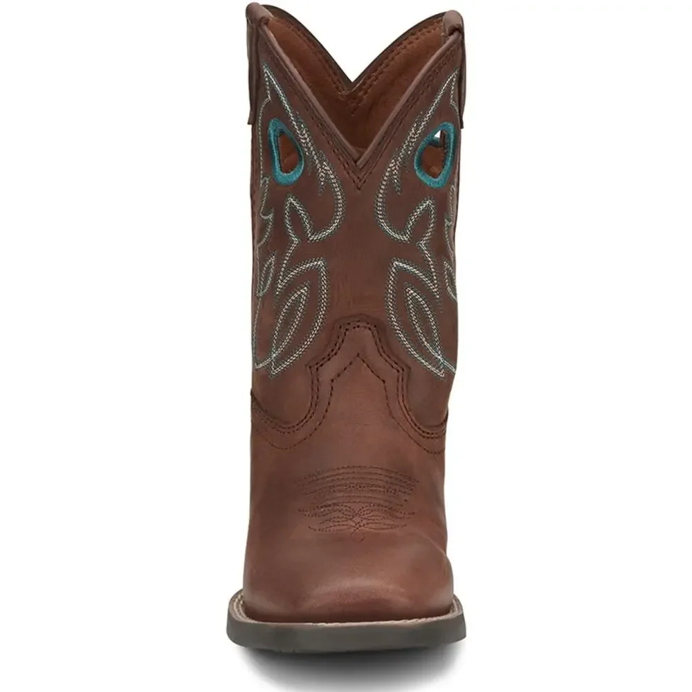 JUSTIN BOYS' BOWLINE JUNIOR WESTERN BOOT BROAD SQUARE TOE - CHOCOLATE/TURQUOISE